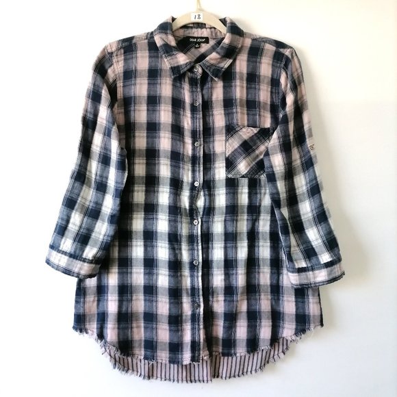 Dear John Womens Blue Collared Roll Tab Sleeve Plaid Button Up Shirt Size M - Picture 1 of 8